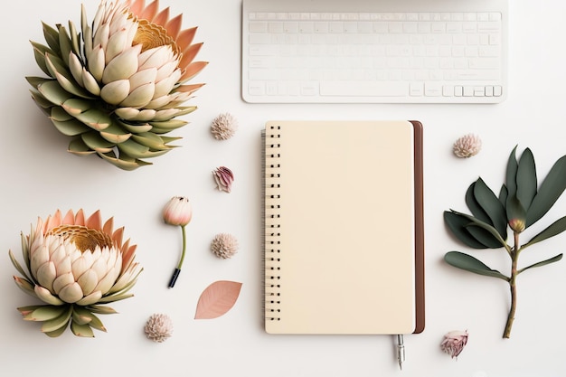 On a white background a bloggers or freelancers workstation features a protea flower a notebook and feminine accessories Top view of a home office desk with minimal dcor a beauty blog idea