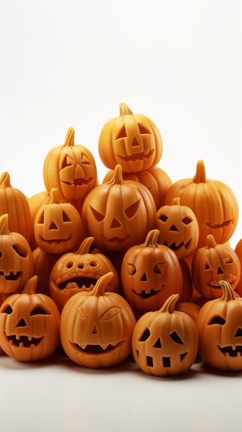 On a white background a bunch of pumpkins with various eerie faces carved into them form a ghostly