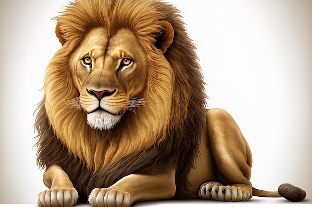 On a white background a cartoon lion is seated