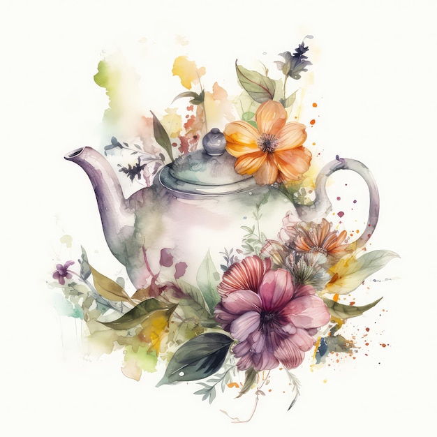 on a white background a charming teapot surrounded by flowers