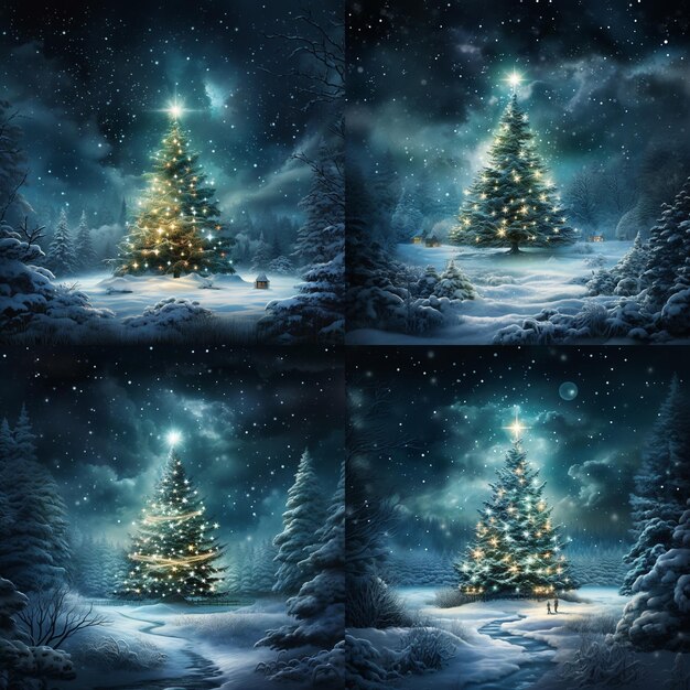 white background christmas tree moonlight snow christmas lights winter wonderland