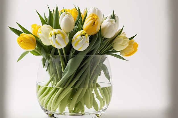 On a white background a close up of a stunning arrangement of white and yellow tulips in a glass vase can be seen