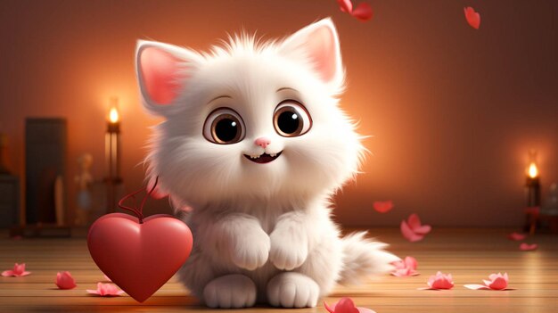 Photo white background a cute white cat holding big red valentine39s heart