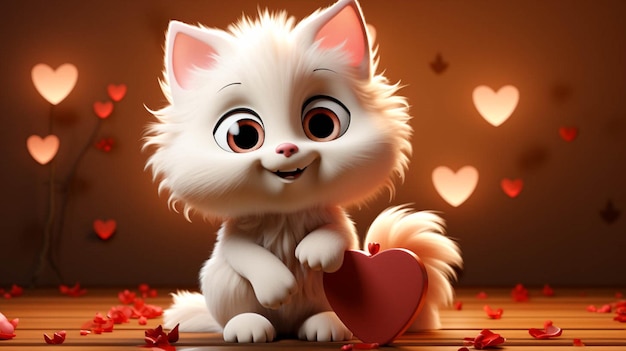 Foto sfondo bianco un gatto bianco carino che tiene in mano il grande cuore rosso di valentine39