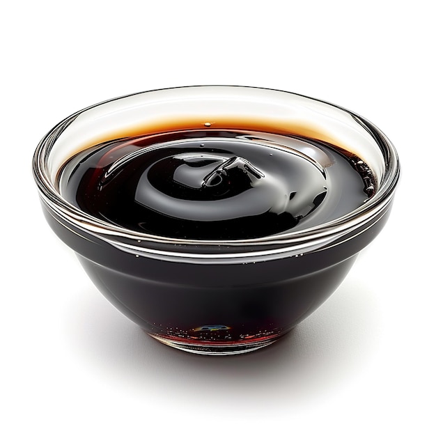 White background dark molasses in a glass bowl