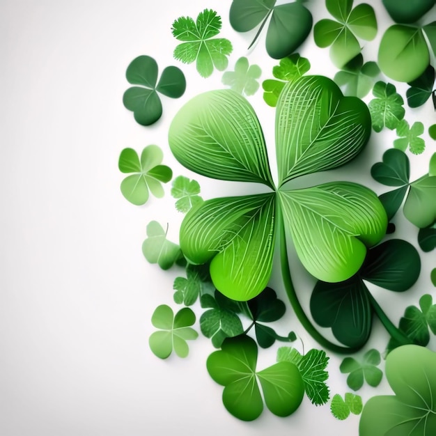 White background decorated green earrings spaces for your own content Green fourleaf clover symbol of St Patricks Day