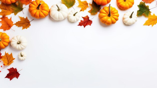 White background decorated with little white and orange pumpkins with colorful autumn leaves in uppe