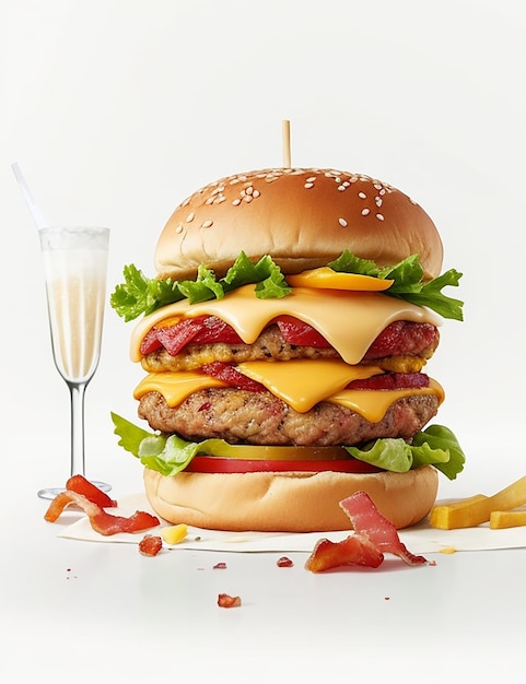 on white background a delicious triple chicken meat burger with bacon and yellow cheese accompanied