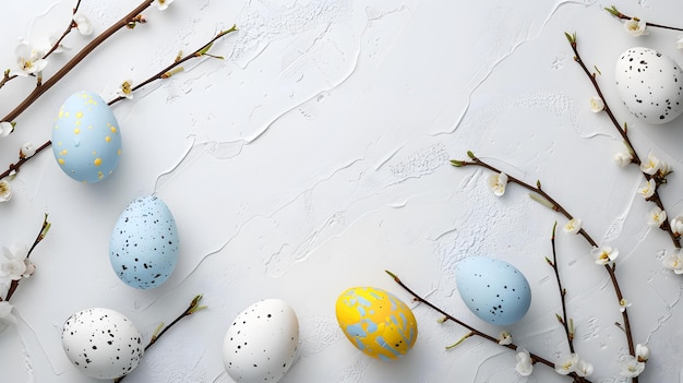 White background for Easter with Easter eggs and sprigs of flowers