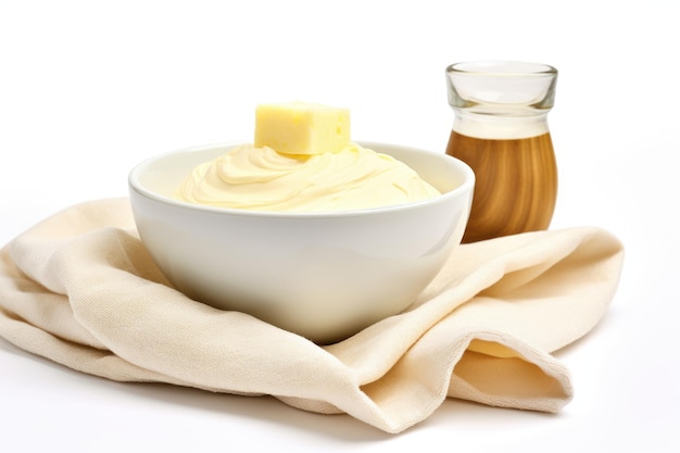 A white background featuring a bowl filled with shea butter and towels