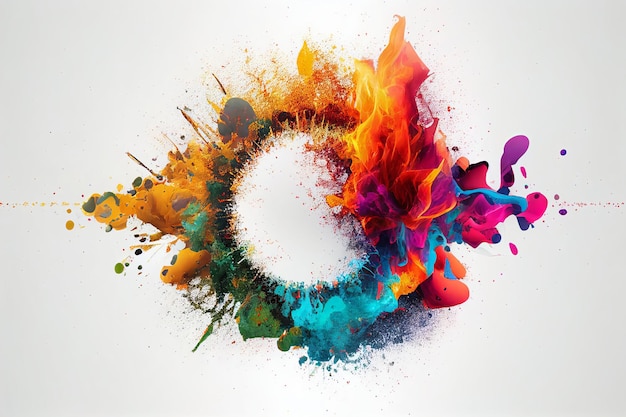 On a white background fire in the form of multicolored paint splashes in a circle Generative AI