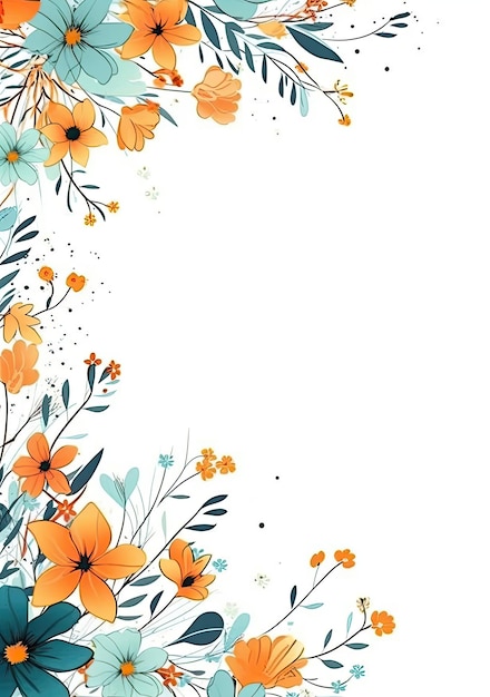 On White background Floral border with colorful flowers and leaves