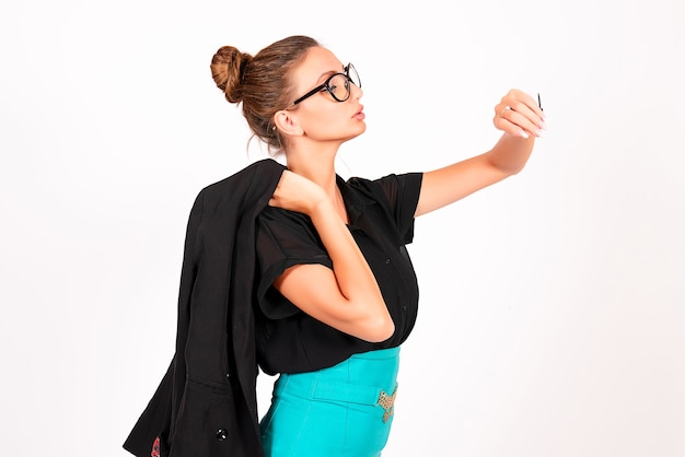 White background, girl office worker, business woman, shows emotions