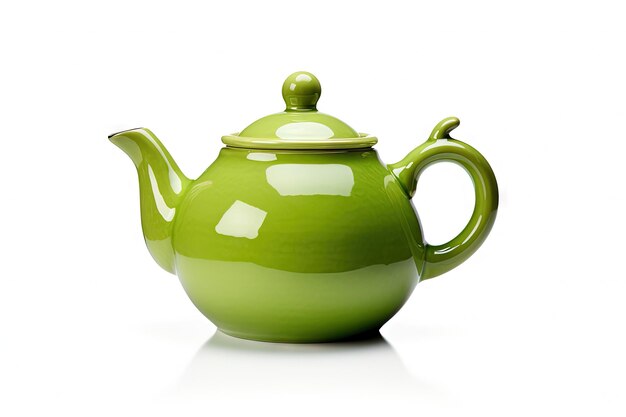 White background green ceramic teapot with clipping path