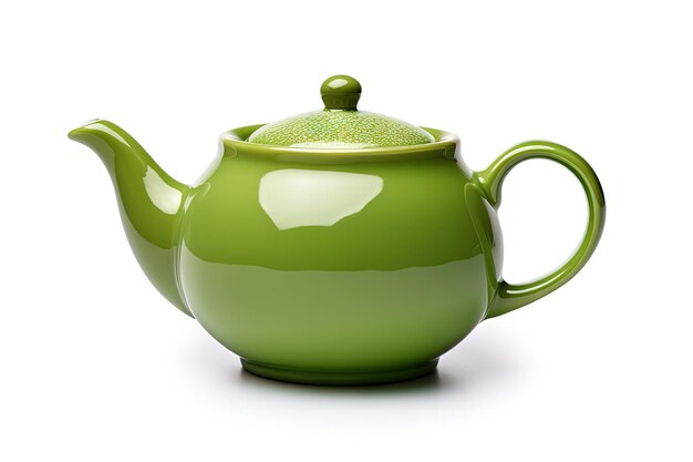 White background green ceramic teapot with clipping path