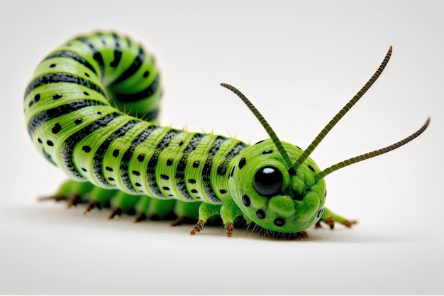 On a white background a green worm is crawling Images taken at close range