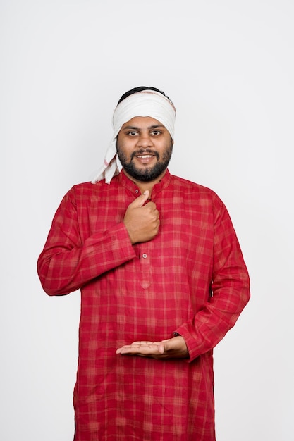 on a white background an indian farmer is showing expression