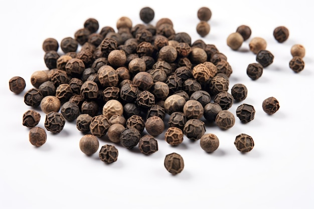 Photo white background isolated black pepper with top view spices