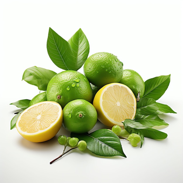 white background lime fruit with green leaves