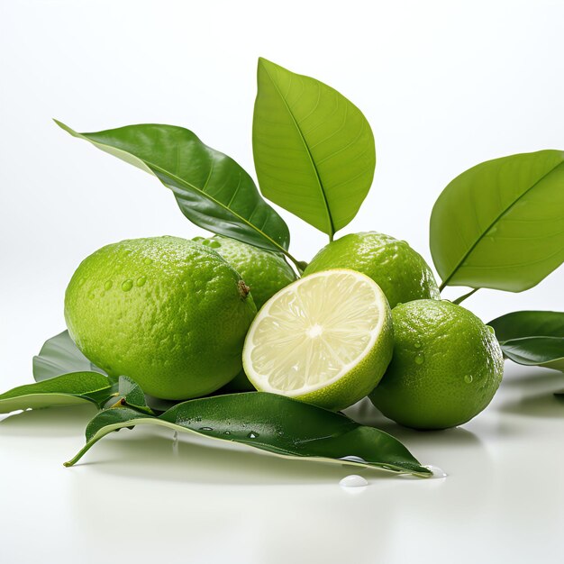 white background lime fruit with green leaves