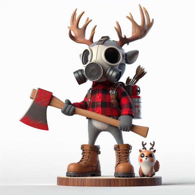 Photo white background a mini humanoid reindeer standing on top of a beast lumberjack outfit wearing