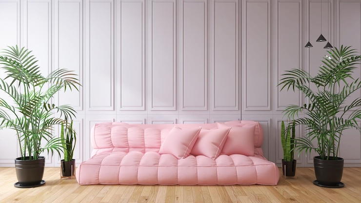 White background and pinkish sofa living room interior design 3D render