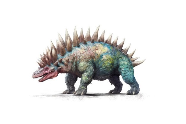 白い背景に、大昔に生きていた草食恐竜ステゴサウルスのリアルな描写。