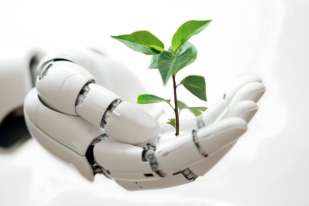 On a white background a robots hand holds a tiny plant with care symbolizing intricate interplay between technology and nature and AIs instrumental role in fostering environmental sustainability