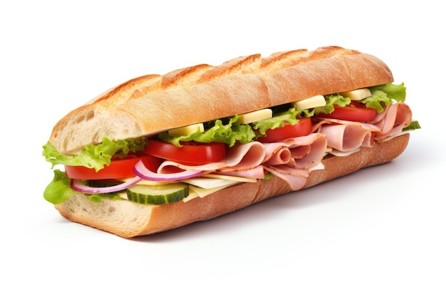 White background sandwich with ham cheese and veggies