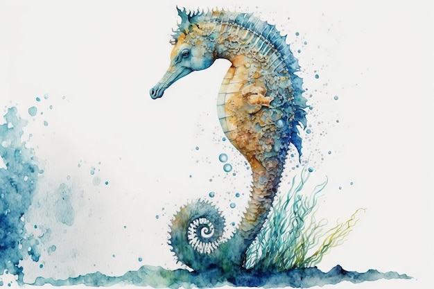 On a white background a seahorse watercolor based image world under the sea