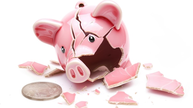 On a white background a shattered piggy bank signifies financial challenges