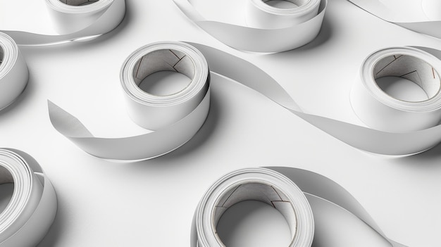 A white background shows adhesive tape rolls and parallel strips