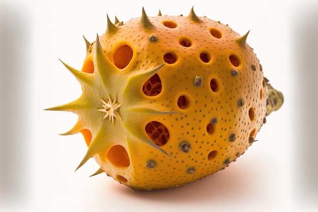 On a white background a single kiwano fruit or horned melon