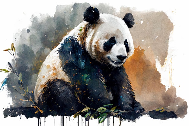 On a white background sitting panda watercolor drawing Generative AI