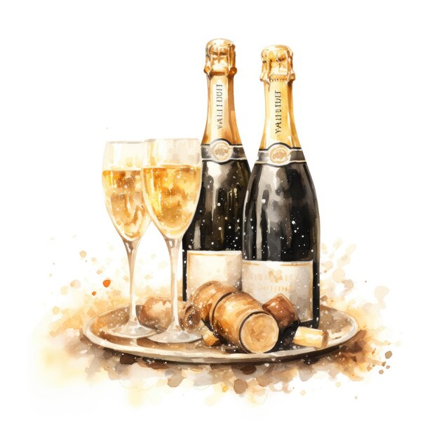 Photo white background studio shot of bottle of champagne with cork stopper and wine glass