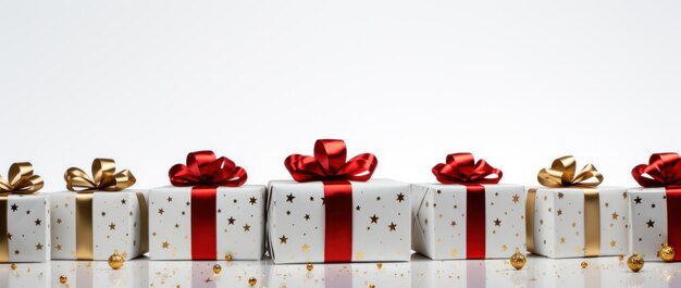 a white background in the style of traditional christmas presents with gold stars and red ribbons