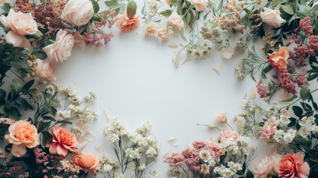 Photo white background surrounded by blooming spring flowers