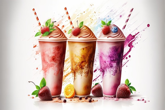 On a white background three fruit shakes or smoothies with straws and garnishes