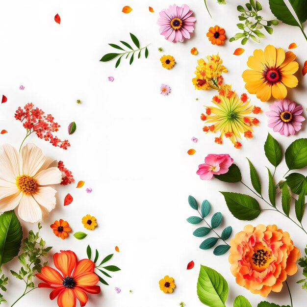 a white background topped with lots of colorful flowers, blank space