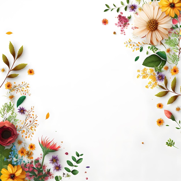 a white background topped with lots of colorful flowers, blank space