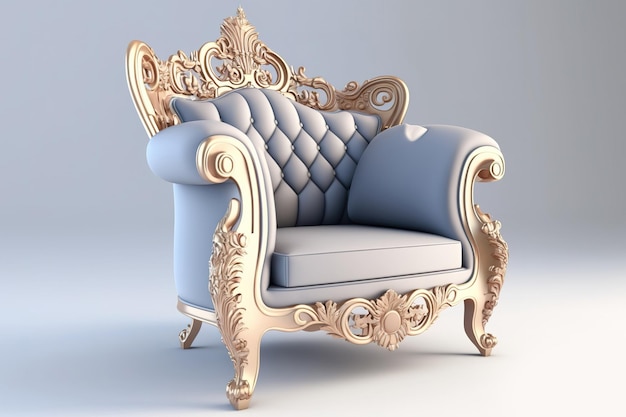 On a white background a traditional armchair with carved detailing is shown digital representation