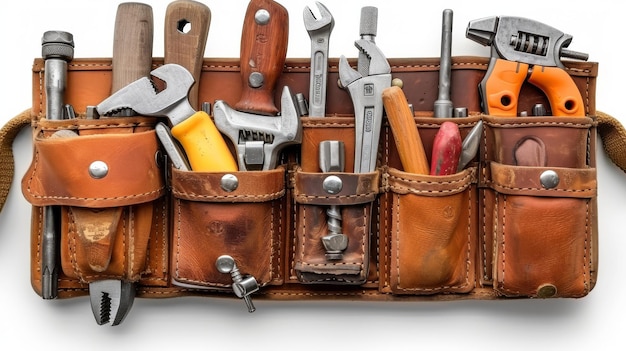 On a white background a variety of tools are displayed with tool belts