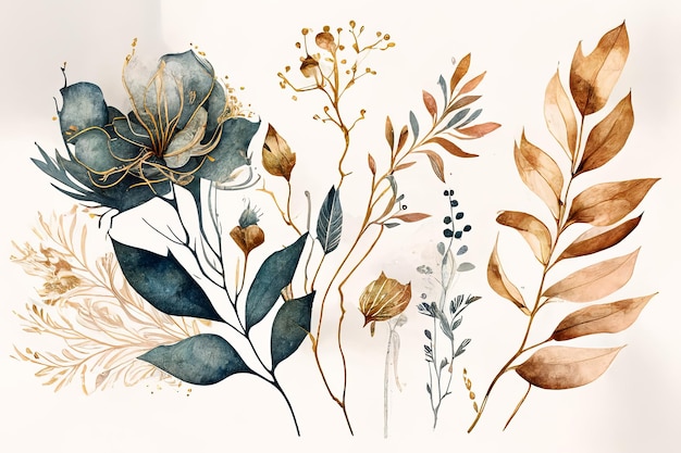 On a white background watercolor drawing plants flowers gold paint Generative AI