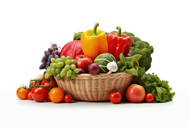 White background with a basket of fruits and vegetables