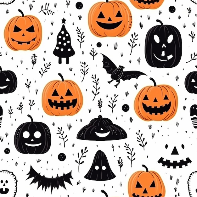 A white background with black and orange pumpkins and bats generative ai