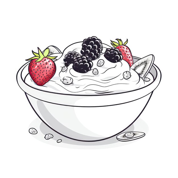 Photo white background with black outline drawing sweet smoothie bowl cartoon 2d black and white generative ai