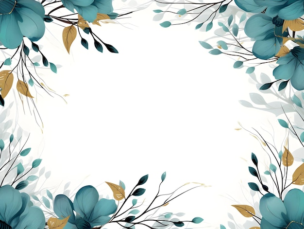 푸른 꽃과 잎이 있는 흰색 배경 추상 아쿠아마린 색 단풍 배경