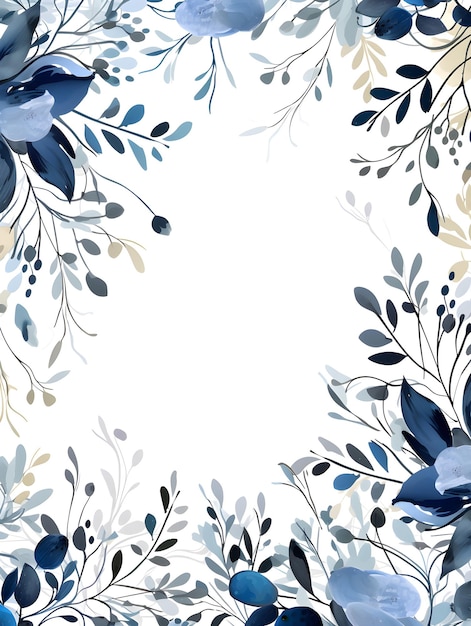 a white background with blue flowers and leaves Abstract Blue foliage background with negative space