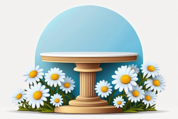 White background with chamomile flowers on an empty pedestal or podium Background