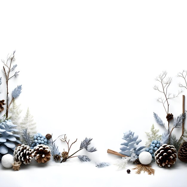 White background with cones twigs and snow Ai Artificial Intelligence technology concept